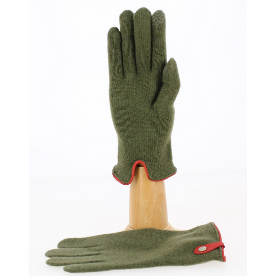 Seville Touchscreen Gloves Wool & Cashmere Khaki/Red - Traclet Seville Touchscreen Gloves Wool & Cashmere Khaki/Red - Traclet