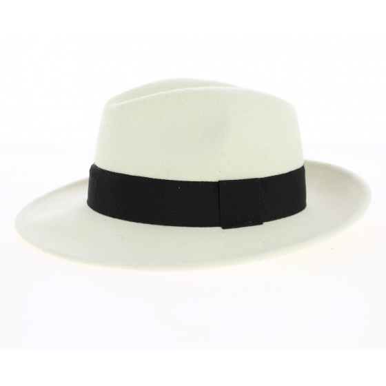 White Wool Felt Fedora Hat with Black Ribbon, Waterproof - Traclet White Wool Felt Fedora Hat with Black Ribbon, Waterproof - Traclet