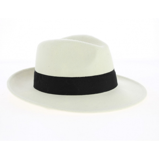 White Wool Felt Fedora Hat with Black Ribbon, Waterproof - Traclet White Wool Felt Fedora Hat with Black Ribbon, Waterproof - Traclet