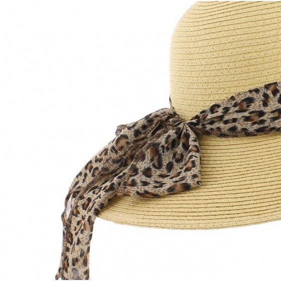 Queen Pastel Wide-Brimmed Hat in Paper Straw Beige & Leopard Print - Herman
