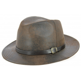 Brown Faux Leather Nanno Fedora Hat - Traclet