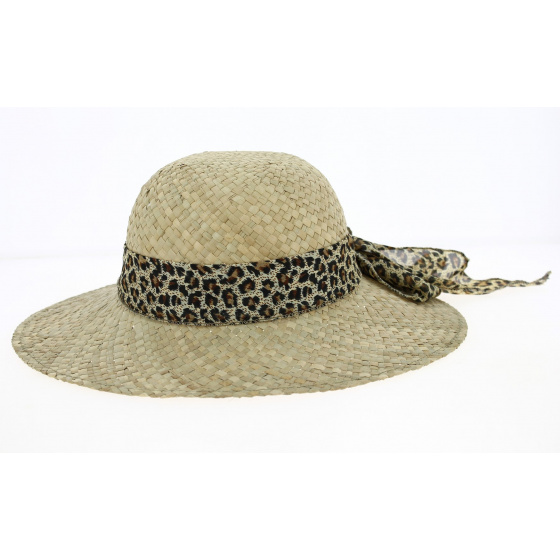 Natural Straw Leopard Ribbon Wide-Brimmed Hat - Traclet