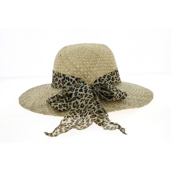Natural Straw Leopard Ribbon Wide-Brimmed Hat - Traclet