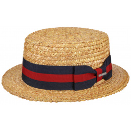 Natural Straw Boater Hat with Red & Navy Blue Ribbon - Stetson