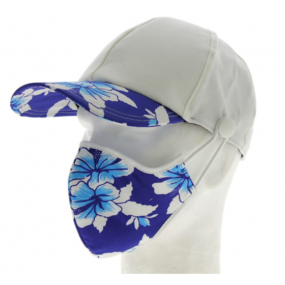Kit Casquette Baseball + Masque Coton Blanc & Bleu Hawaii- Traclet Kit Casquette Baseball + Masque Coton Blanc & Bleu Hawaii- Traclet