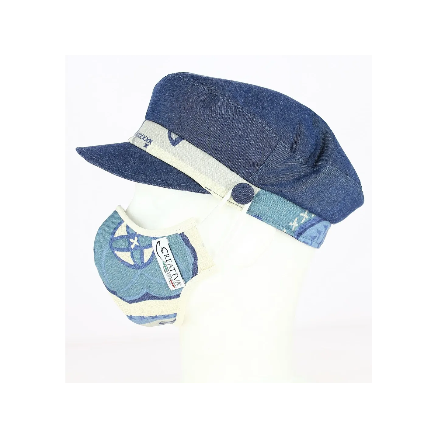 Stewart Cap + White & Blue Hawaii Cotton Mask Kit - Traclet Reference: 10369 | Traclet Hat Shop