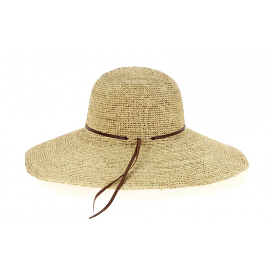 Monique Raffia Straw Wide-Brimmed Hat with Brown Leather - Traclet