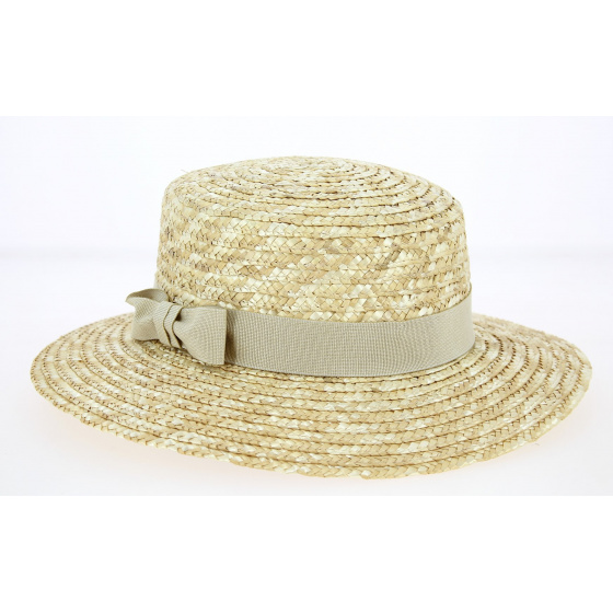 Women's Sidonie Boater Hat in Natural Straw with Beige Ribbon - Traclet