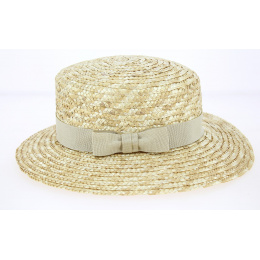 Women's Sidonie Boater Hat in Natural Straw with Beige Ribbon - Traclet