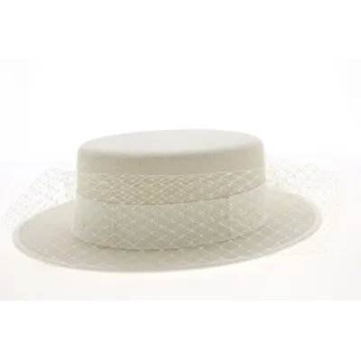 Canotier Avec Voilette Feutre Laine Blanc- Traclet Reference : 10847 | Chapellerie Traclet