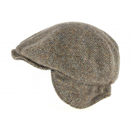 Thomas Flat Cap with Ear Flaps Brown Herringbone Wool