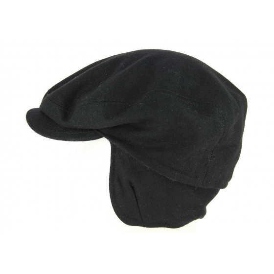 Black Wool Flat Cap with Ear Flaps - Traclet Black Wool Flat Cap with Ear Flaps - Traclet