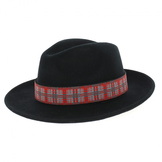 black fedora hat with grey and red fancy ribbon