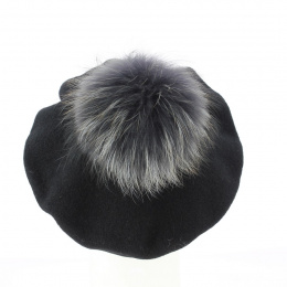 Black beret with fur pompon