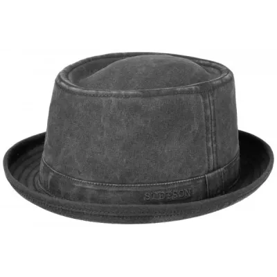 PorkPie Nahuas délavé Noir Coton Biologique - Stetson Reference : 8938 | Chapellerie Traclet