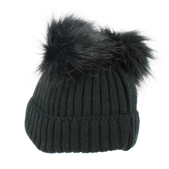 Black Faux Fur Pom-Pom Cuffed Beanie - Traclet
