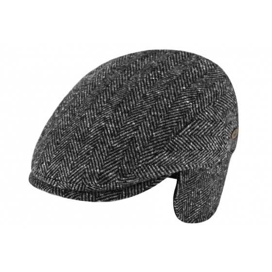 Jerzu Flat Cap with Ear Flaps Anthracite Herringbone Wool - Traclet