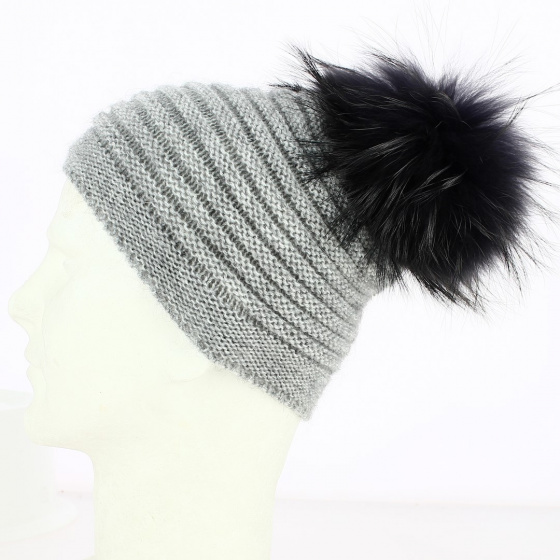 Bonnet à pompon Sagrado Fourrure Laine & Mohair Gris - Traclet