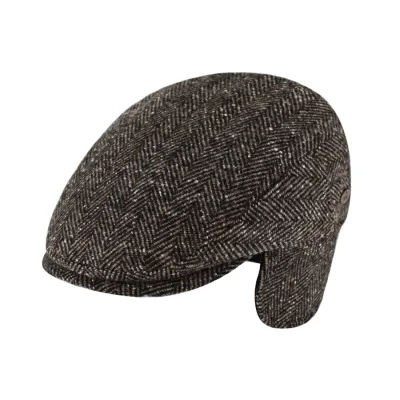 Flat Cap Earflaps Jerzu Wool Brown Herringbone - Traclet