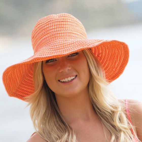 Coral Scrunchie Wide-Brimmed Hat with White Polka Dots UPF 50+ - House Of Ord