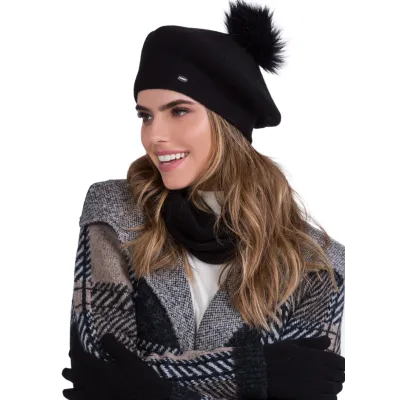 Women's Black Pom Pom Bella Beret - Traclet