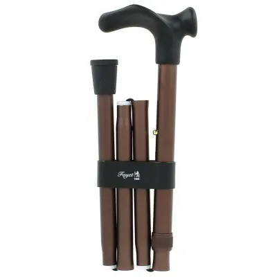 Brown adjustable folding aluminum cane with right-handed anatomical handle by Fayet