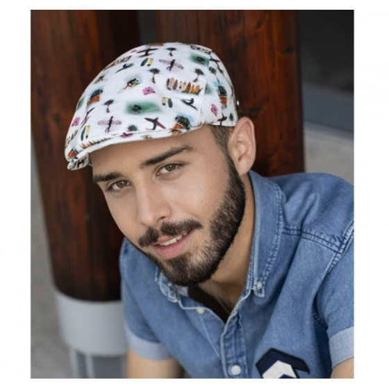 Casquette Plate Bang Lin Blanc Motifs Hawaï Surf - Traclet