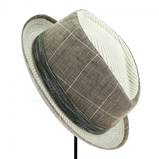 Porkpie Diamond Beige & Brown Linen Hat - Alfonso d'Este Porkpie Diamond Beige & Brown Linen Hat - Alfonso d'Este