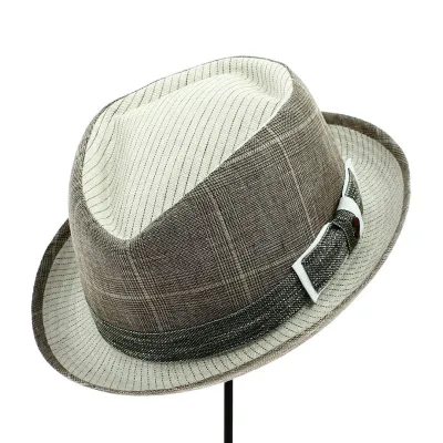 Chapeau Porkpie Diamond Beige & Marron Lin - Alfonso d'Este