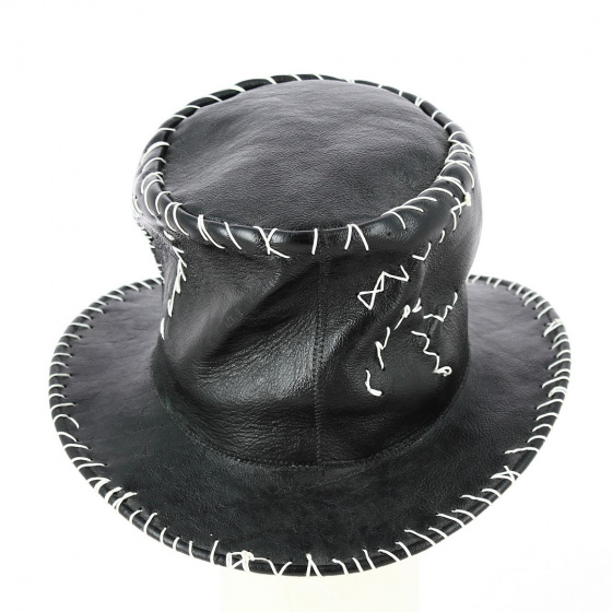 Chapeau Haut de forme cuir noir avec surpiqûre blanche