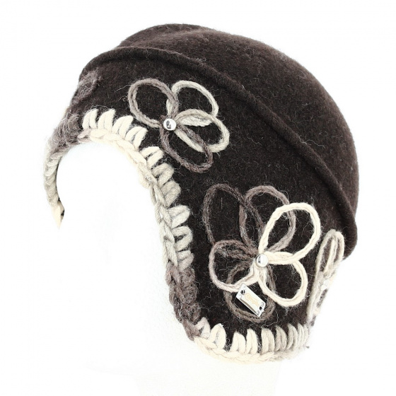 Béret - Bonnet Laine asymétrique marron avec fleurs - Traclet Béret - Bonnet Laine asymétrique marron avec fleurs - Traclet