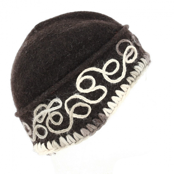 Béret - Bonnet Laine asymétrique marron avec fleurs - Traclet Béret - Bonnet Laine asymétrique marron avec fleurs - Traclet