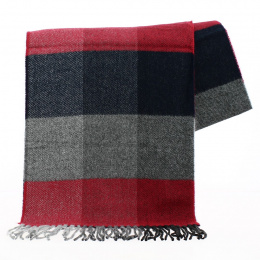 Scarf with large squares navy, gray and red