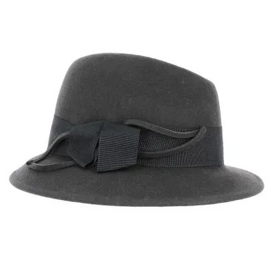 Chapeau cloche feuille feutre laine gris côté- Traclet