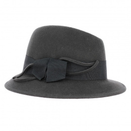 Chapeau cloche feuille feutre laine gris côté- Traclet
