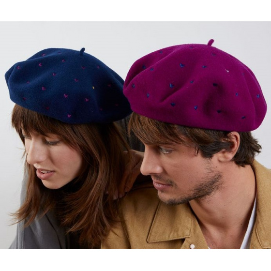 Béret Sagan à Motifs Violine Laine - Laulhère - Made In France