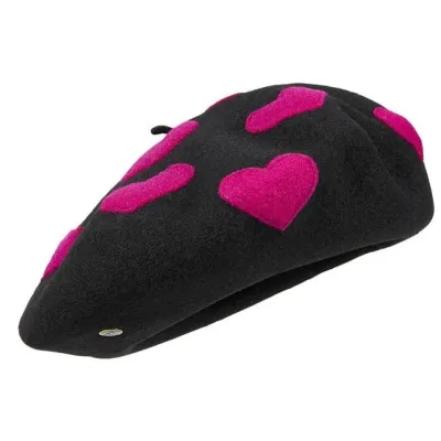 Béret Maupassant Laine Noir à Motifs Coeur - Laulhère