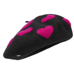 Maupassant Black Wool Beret with Heart Pattern - Laulhère
