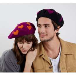 Maupassant Black Wool Beret with Heart Pattern - Laulhère