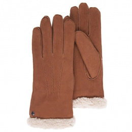 Cognac leather & fur gloves for women - Isotoner
