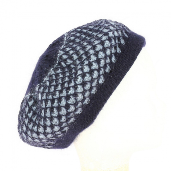Béret - Bonnet Tricot Angora Losange Bi-couleur Marine et bleu ciel - Traclet