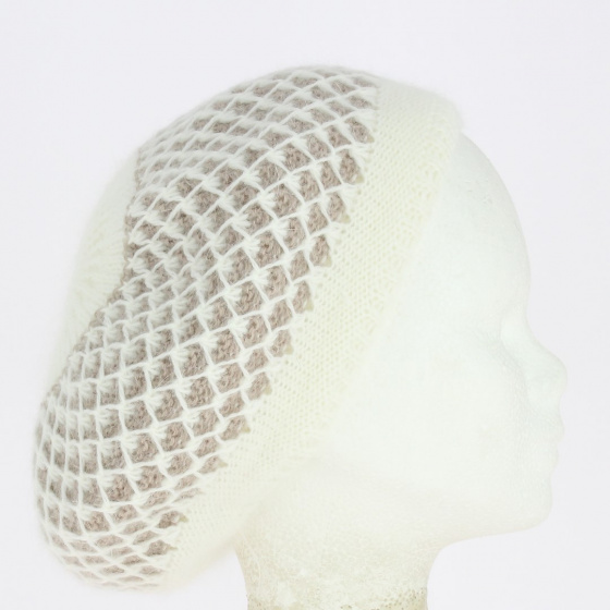 Béret - Knitted hat Angora Losange Bi-color Ecru and beige- Traclet
