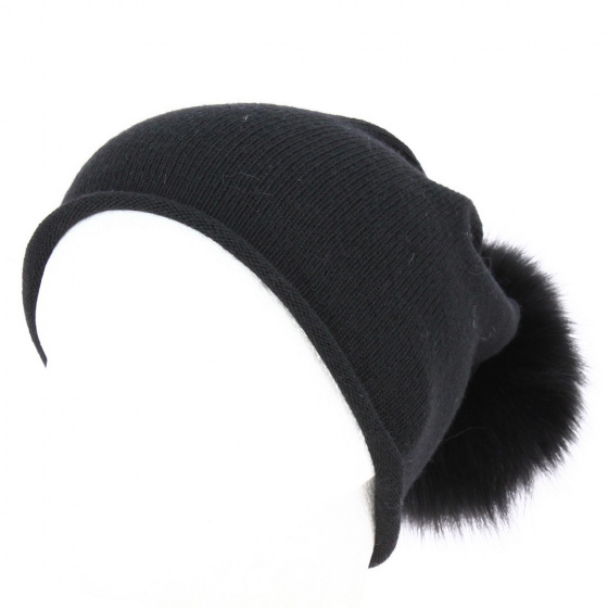 Black Fox Fur Pom Pom Rasta Beanie - Traclet
