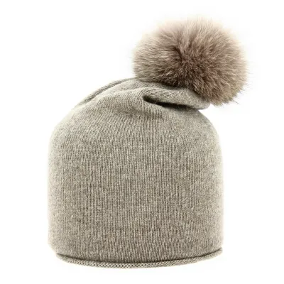 Bonnet Rasta à pompon Fourrure Renard Taupe - Traclet