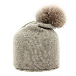 Rasta hat with pompom Taupe fox fur - Traclet
