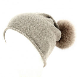 Bonnet Rasta à pompon Fourrure Renard Taupe - Traclet