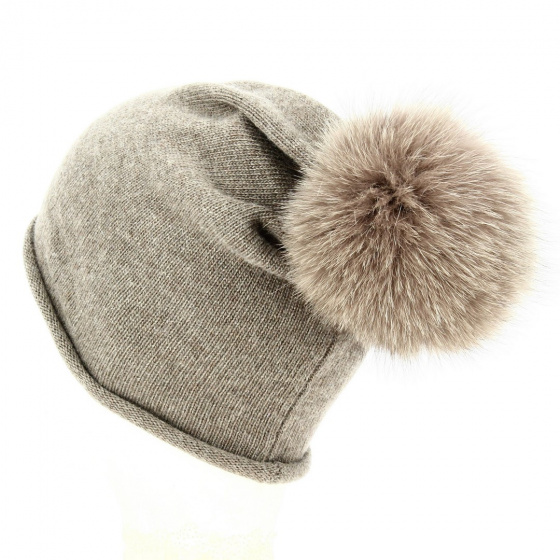 Rasta hat with pompom Taupe fox fur - Traclet