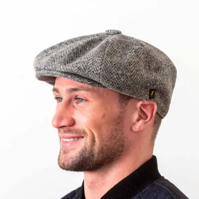 Irish Gatsby Barco Light Grey Herringbone Wool Cap - Hatman ref 17415