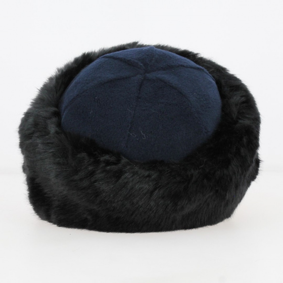 Toque Marmotte navy fleece & black faux fur - Traclet