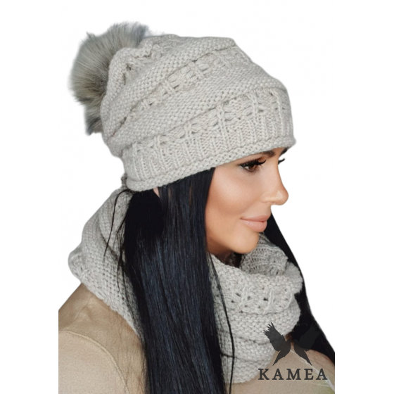 Liana Beige Pompom Beanie & Snood Set - TRACLET